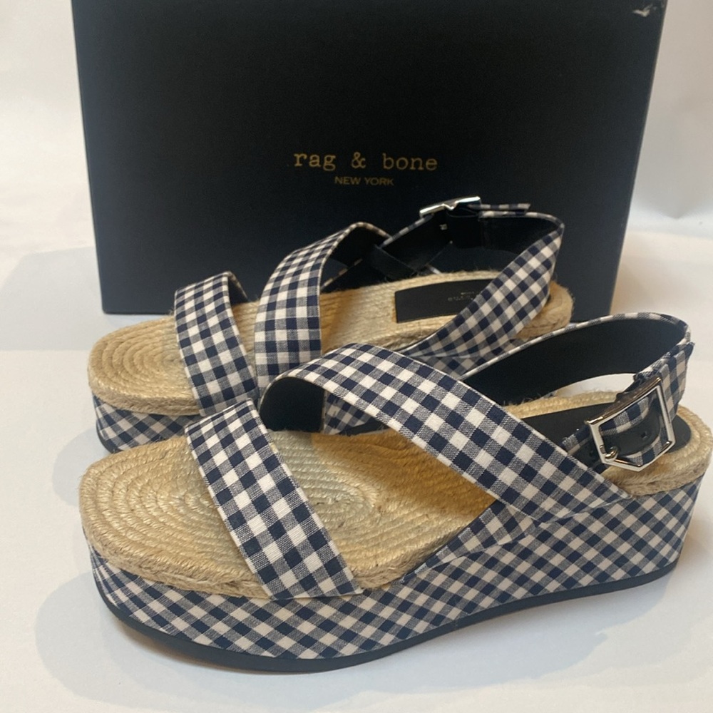 Rag & Bone Megan Espadrille Navy Gingham Platform Sandal US 8 MSRP $375